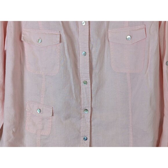 Conrad C Plus size 2X Pink 100% Linen Roll-Up Long Sleeve Button Shirt Blouse - Picture 3 of 13